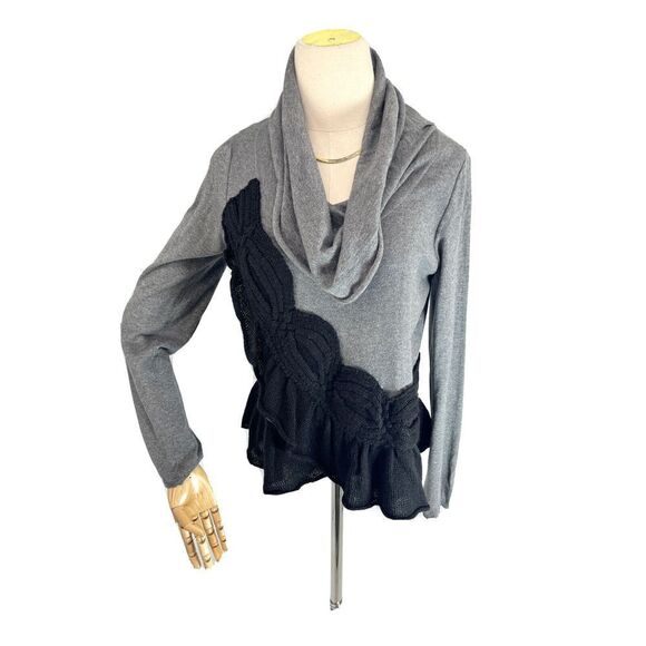 Anthropologie Moth Large Switching Sides Sweater-Cable Knit Cowl Neck Black Gray - Picture 1 of 12